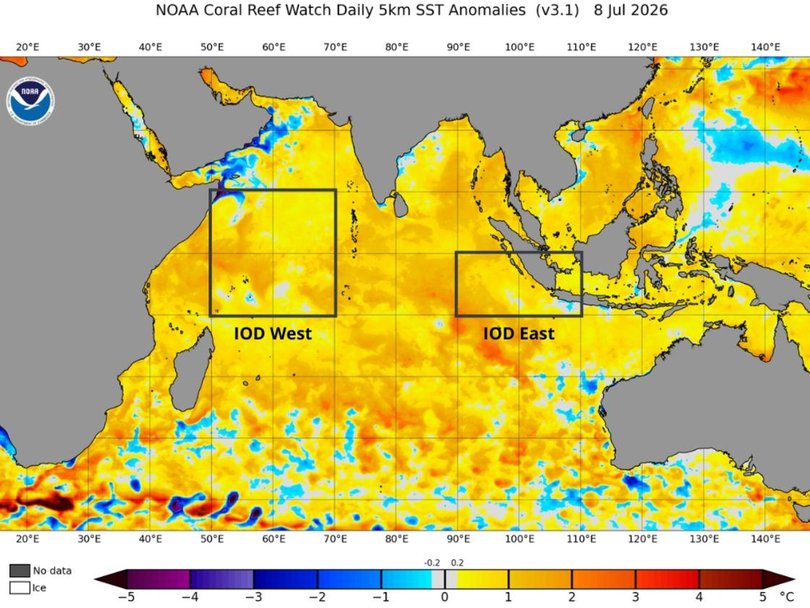 Indian Ocean water temperatures on July 8, 2026 showed the two key IOD regions were much the same, meaning the climate pattern was still neutral. Picture: NOAA.