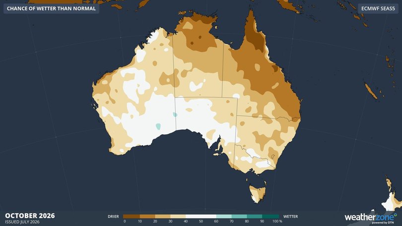 The ECMWF SEAS5 model points to above-average October 2026 rainfall in parts of Australia. Picture: Weatherzone