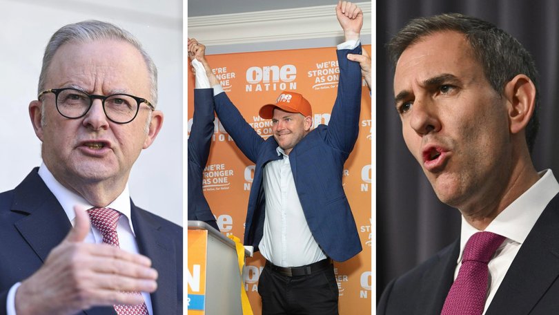 Prime Minister Anthony Albanese and Treasurer Jim Chalmers have reacted after One Nation secured its first seat in WA, labelling the minor party ‘dangerous’ and ‘divisive’. One Nation WA leader Rod Caddies with Luke Herdegan after his win, centre.