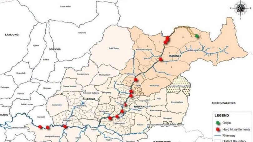 A map of the flood path shows the scale of destruction caused across multiple valley communities. Picture: Nepal Disaster Risk Reduction and Management Authority