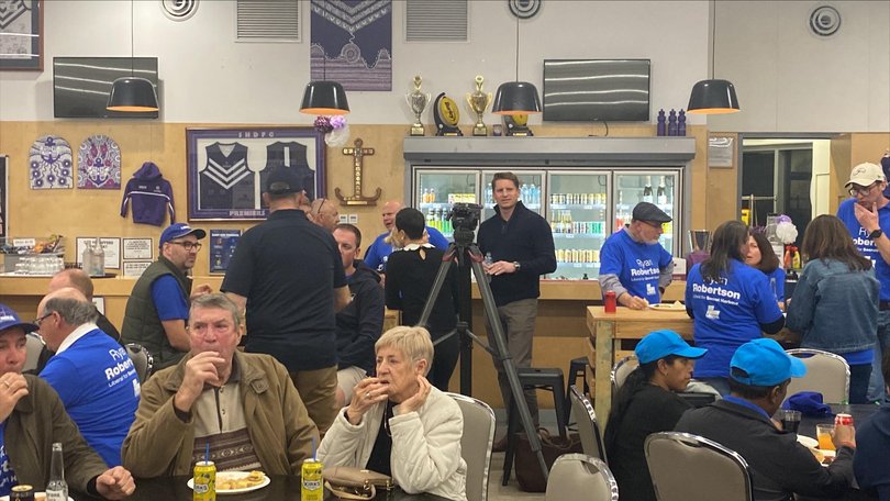Andrew Hastie joins crowd of around 70 at Liberal Party function as they await Secret Harbour by-election results.