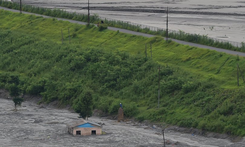 An aerial view of damaged Trishuli Hydro power plant on the banks of the swollen Trishuli River following landslides on August 30, 2026, in Trishuli, Nepal.