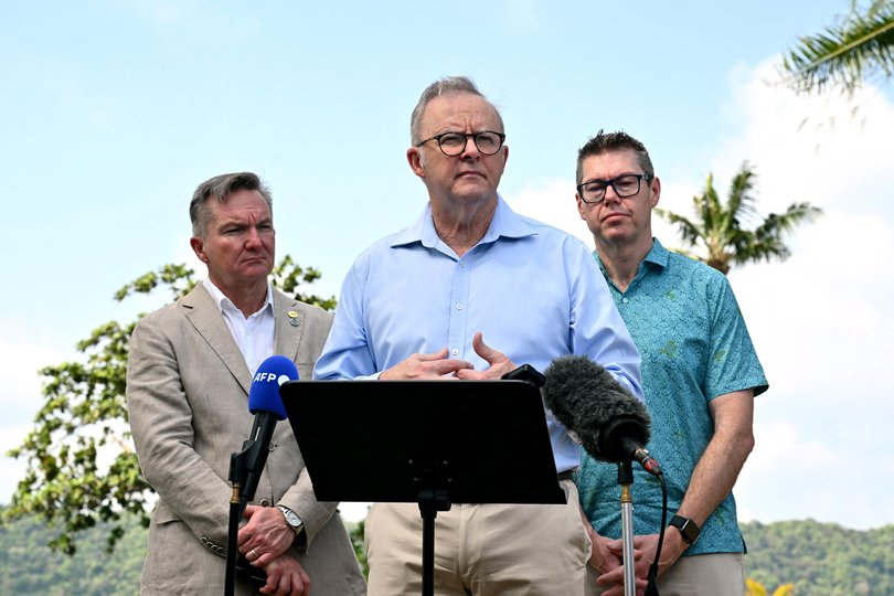 Anthony Albanese with Chris Bowen and Pat Conroy during a press conference at the 55th Pacific Islands Forum Leaders Meeting.
