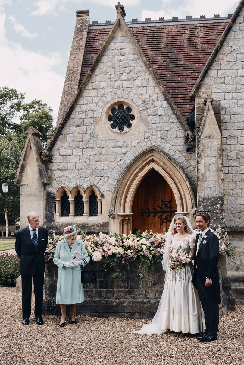 Princess Beatrice and her husband Edoardo Mapelli Mozzi outside The Royal Chapel of All Saints at Royal Lodge on their wedding day.