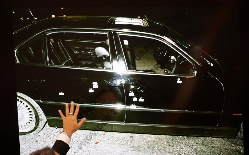 A 1996 photo of the bullet-ridden black BMW, that Marion “Suge” Knight and Tupac Shakur were riding in.