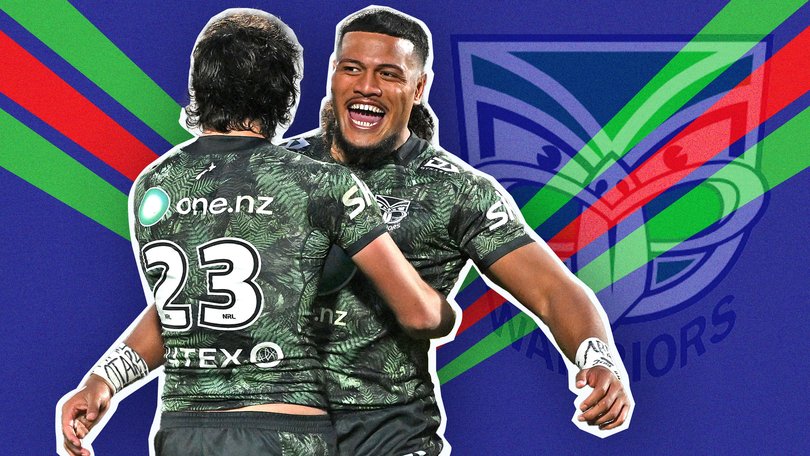 Jett Cleary of the Warriors celebrates with Demitric Vaimauga.