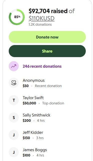 Taylor Swift's donation reads on a GoFundMe page launched to raise funds for Ms Taunton's medical bills.