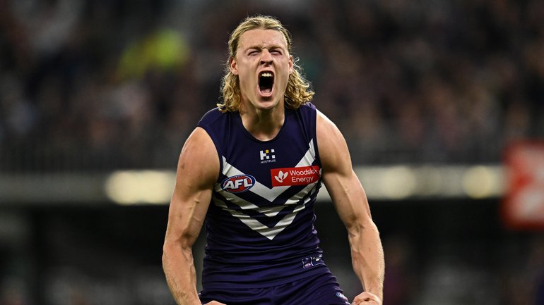 Hayden Young of the Dockers celebrates a goal.
