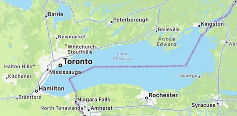 Lake America is displayed on Apple Maps using a device based in the US.