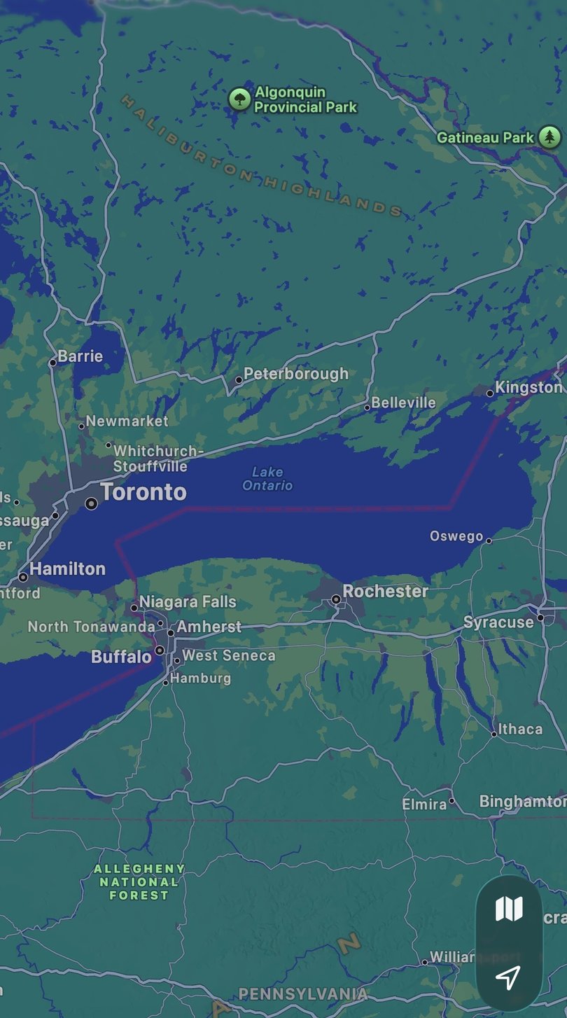 Lake Ontario displayed in Apple Maps on a device located in Australia.
