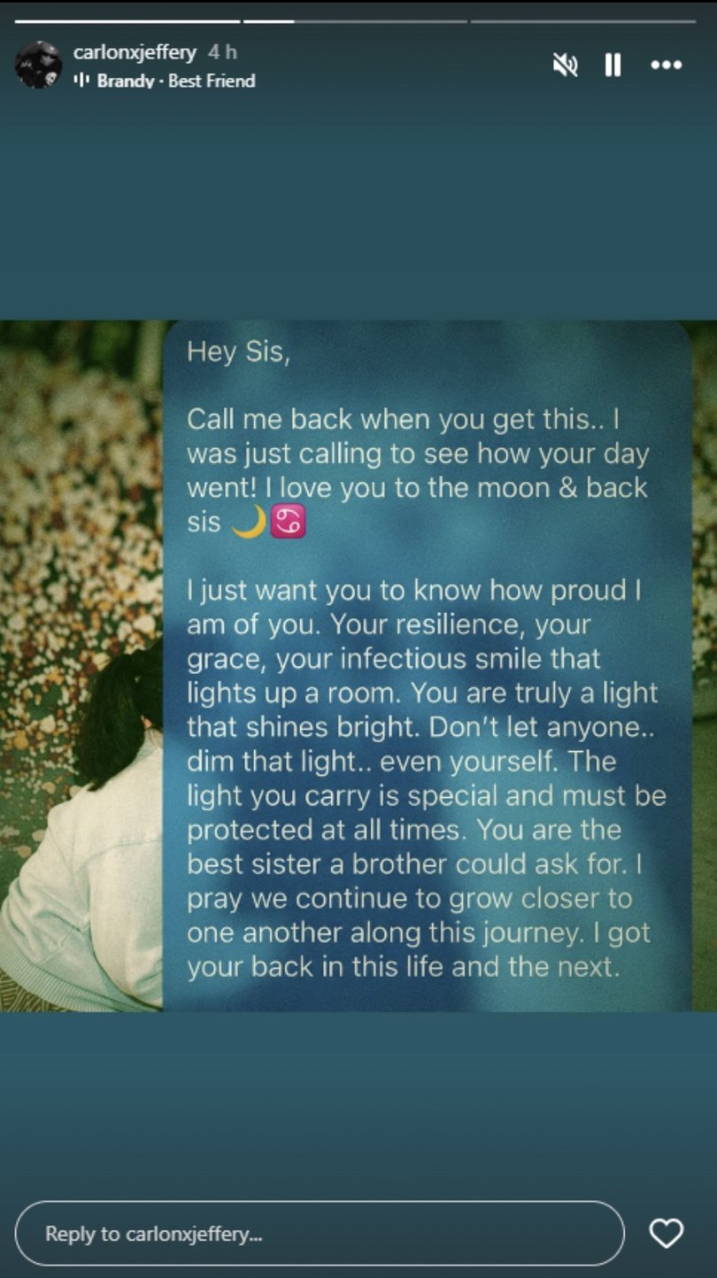 Carla Jeffery's brother shared a screenshot of a text to his Instagram Story.