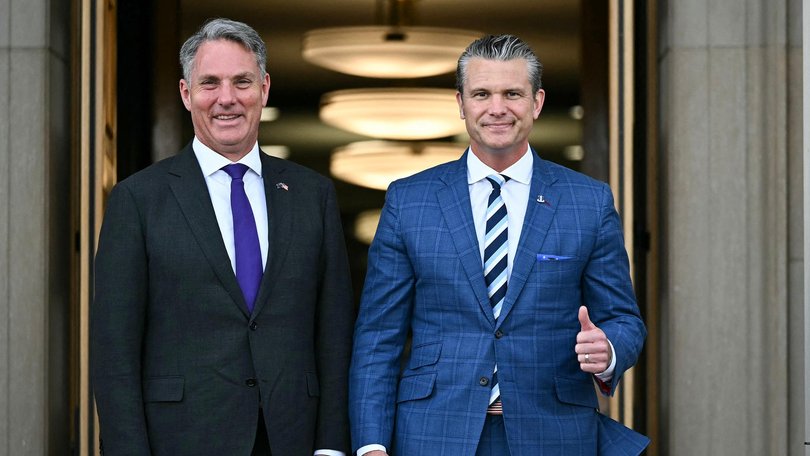 Pete Hegseth gives a thumbs up as he welcomes Australia Deputy Prime Minister Richard Marles during an honour ceremony at the Pentagon.