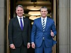 Pete Hegseth gives a thumbs up as he welcomes Australia Deputy Prime Minister Richard Marles during an honour ceremony at the Pentagon.