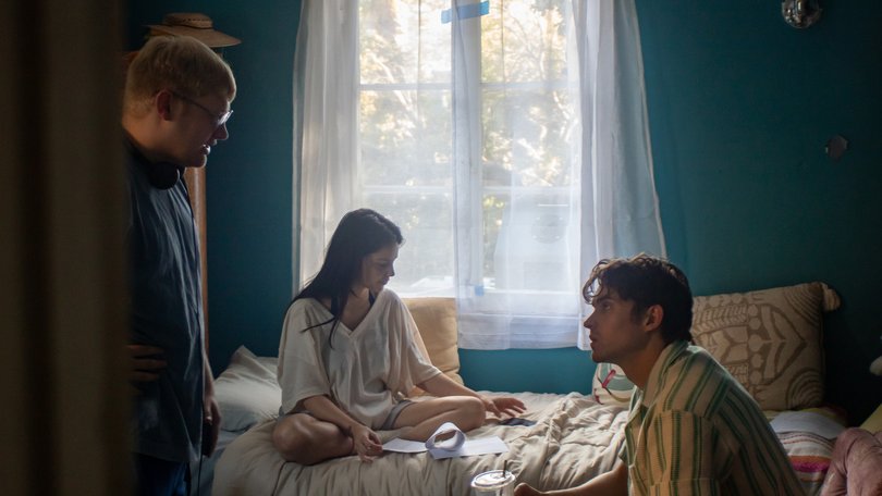 Michael Johnston, Inde Navarrette and director Curry Barker on the set of Obsession.