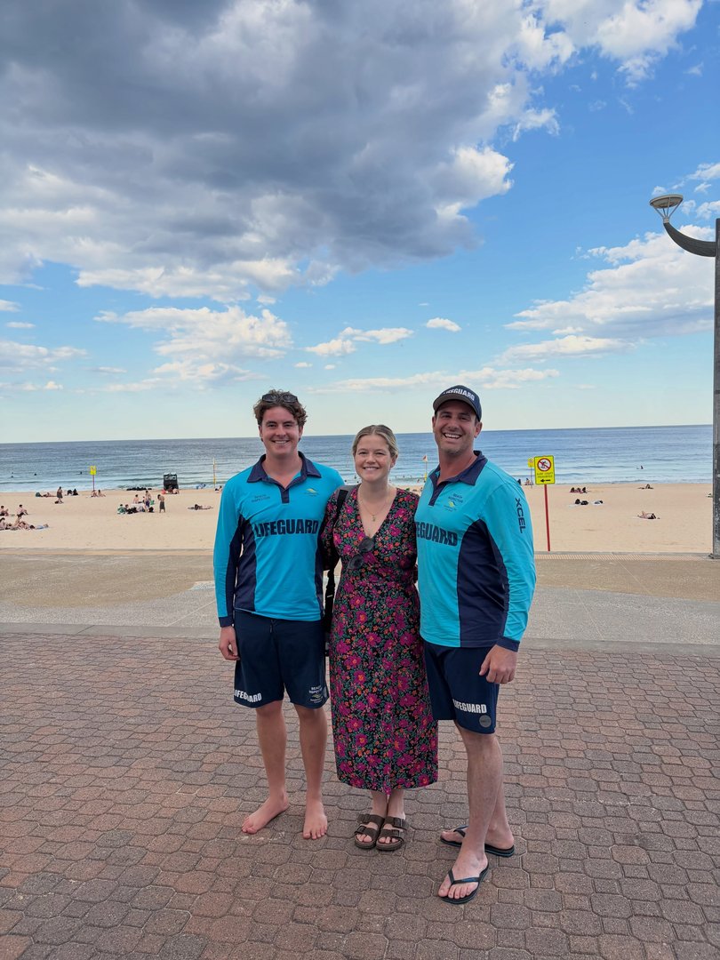 Leah Stewart, the victim of a shark attack at Sydney’s Coogee Beach, has reunited with two of the lifeguards who helped save her life.