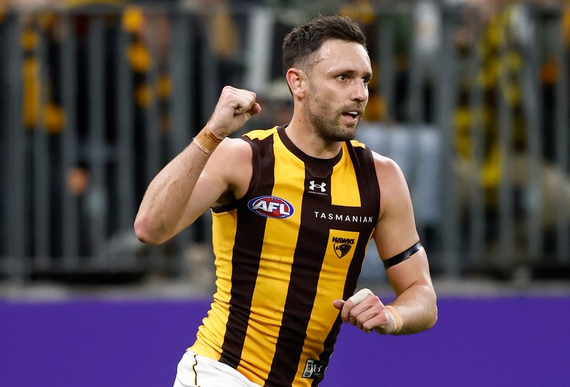 PERTH, AUSTRALIA - SEPTEMBER 03: Jack Gunston of the Hawks celebrates a goal during the 2026 AFL First Qualifying Final between the Fremantle Dockers and the Hawthorn Hawks at Optus Stadium on September 3, 2026 in Perth, Australia. (Photo by Michael Willson/AFL Photos)