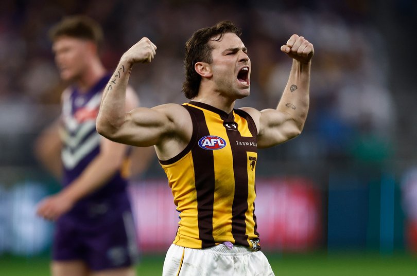 PERTH, AUSTRALIA - SEPTEMBER 03: Nick Watson of the Hawks celebrates a goal during the 2026 AFL First Qualifying Final between the Fremantle Dockers and the Hawthorn Hawks at Optus Stadium on September 3, 2026 in Perth, Australia. (Photo by Michael Willson/AFL Photos)