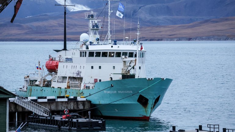 The Professor Molchanov research vessel is moored at the Barentsburg port located at the Spitsbergen Archipelago. 