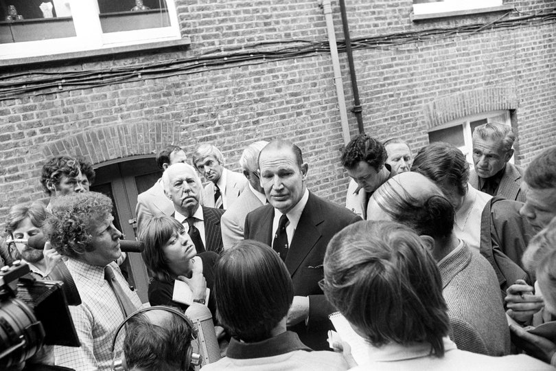Kerry Packer, with Richie Beanuad in the background, at Lord's after a meeting with the International Cricket Council about his World Series Cricket proposal. Above: tournament. (Photo by H. Routledge/PA Images via Getty Images) Picture: PA Images Archive