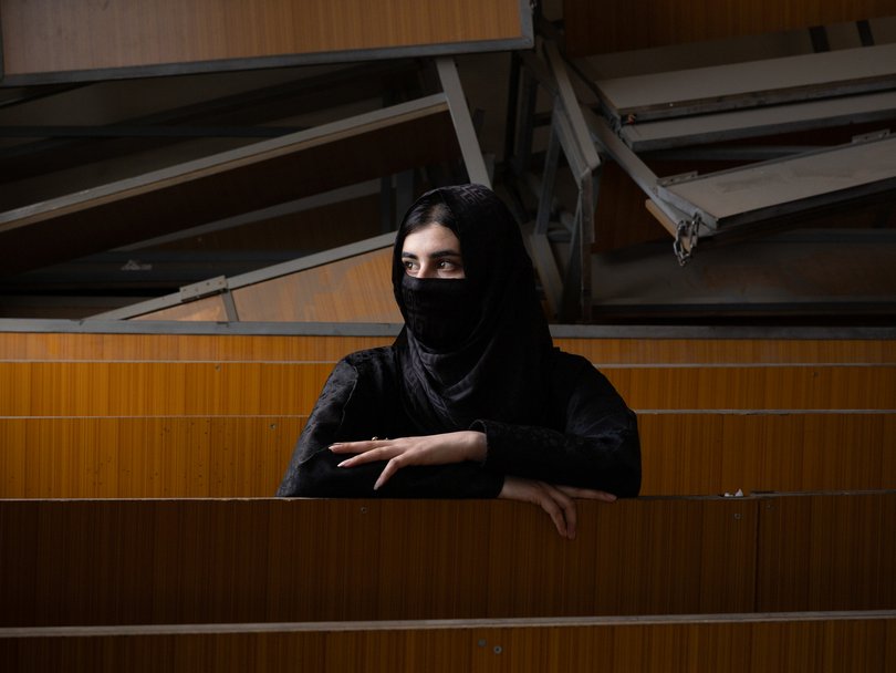 Laila, 21, at a secret school where she studies computer science.