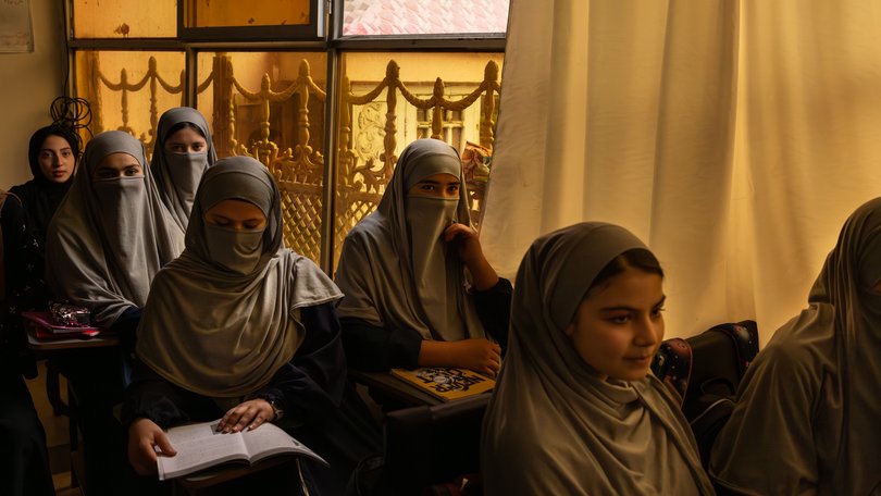 Girls in class at a madrassa in Afghanistan. 