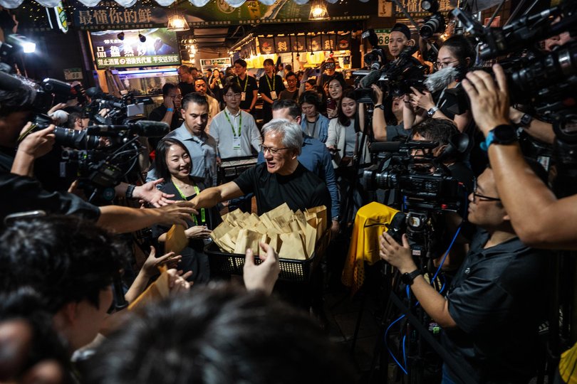 Jensen Huang outside a restaurant in Taipei, Taiwan.