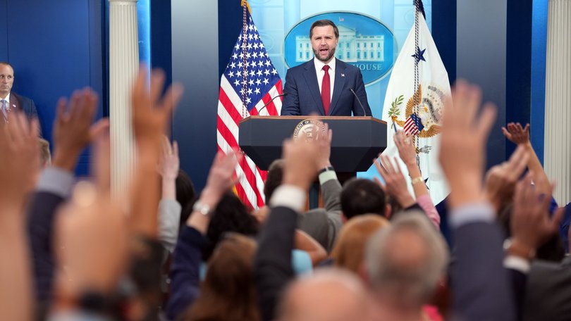 Vice President JD Vance speaks to reporters in the Briefing Room of the White House on Thursday, Sept. 3, 2026. It was the first press briefing at the White House since Karoline Leavitt left as press secretary last week.