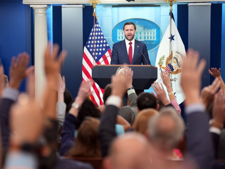 Vice President JD Vance speaks to reporters in the Briefing Room of the White House on Thursday, Sept. 3, 2026. It was the first press briefing at the White House since Karoline Leavitt left as press secretary last week.