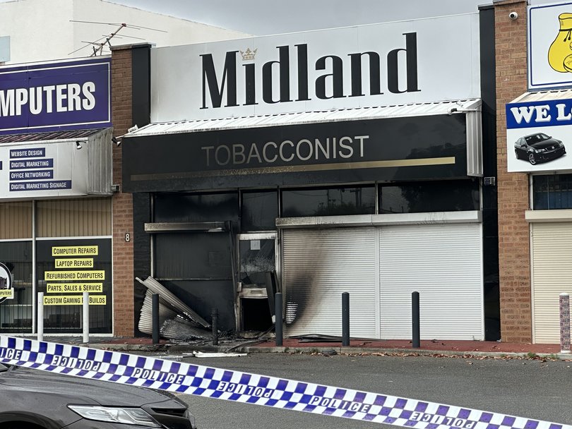 A tobacconist in the Perth suburb of Midland that was severely damaged following a suspected act of arson.