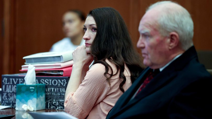 Lindsay Clancy listens to testimony at Plymouth Superior Court.