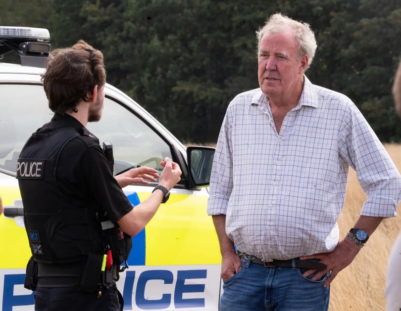 The former Top Gear star was seen chatting with police about the theft on his farm on Thursday. 