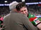 Jai Arrow couldn't contain his emotions when he was embraced by Rabbitohs coach Wayne Bennett. (Dan Himbrechts/AAP PHOTOS)