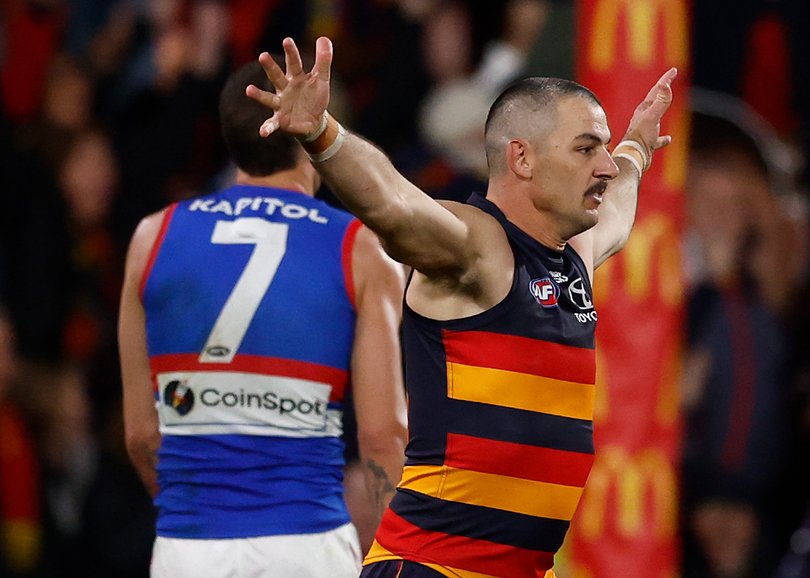 Taylor Walker of the Crows celebrates a goal.