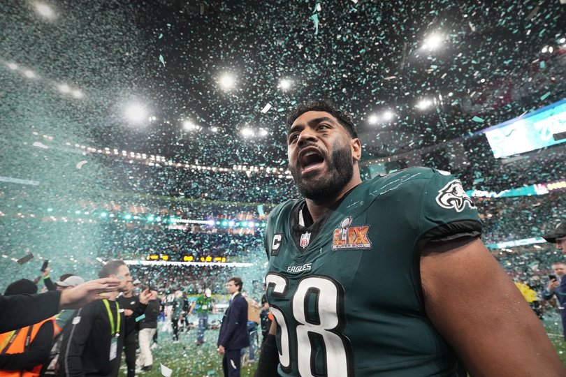 Philadelphia Eagles tackle Jordan Mailata celebrates after defeating the Kansas City Chiefs in the NFL Super Bowl 59.