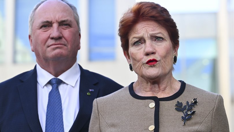 One Nation leader Senator Pauline Hanson and MP Barnaby Joyce during a press conference in the Senate courtyard at Parliament House in Canberra.
