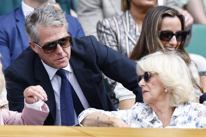 British actor Hugh Grant and Britain's Queen Camilla among the star studded crowd at Wimbledon in 2025.