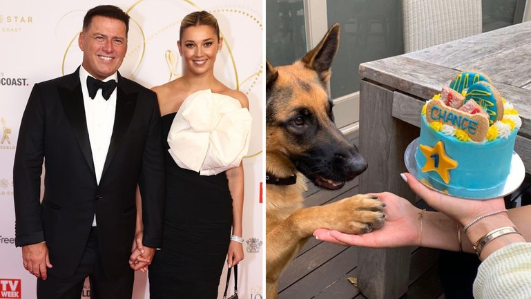 Karl Stefanovic and his wife Jasmine, right, their dog Chance the Yapper.
