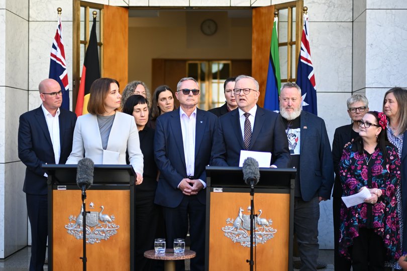 Anthony Albanese and Anika Wells at a press conference on Monday where they announced draft legislation for the Digital Duty of Care.