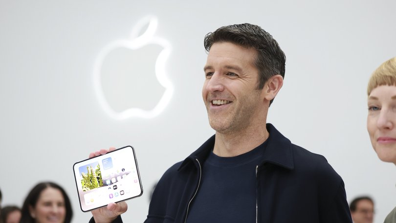 John Ternus, Apple’s new chief executive, holds Apple’s Duo foldable phone at an event at Apple’s campus in Cupertino, Calif., September 9, 2026. A