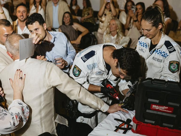 Rescue and Bomb Disposal officers were the heroes of the couple’s wedding on the weekend. 
