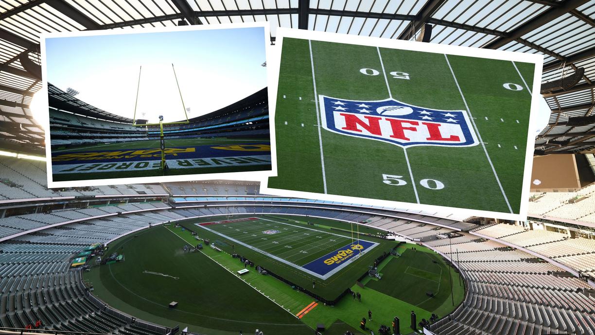 The hallowed turf of the MCG has been transformed into an American football field ahead of the historic NFL clash between the Los Angeles Rams and the San Francisco 49ers.