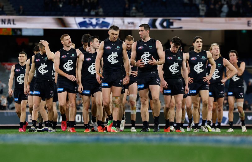 MELBOURNE, AUSTRALIA - SEPTEMBER 04: The Blues look dejected after a loss during the 2026 AFL First Elimination Final between the Geelong Cats and the Carlton Blues at the Melbourne Cricket Ground on September 4, 2026 in Melbourne, Australia. (Photo by Michael Willson/AFL Photos) Picture: Michael Willson