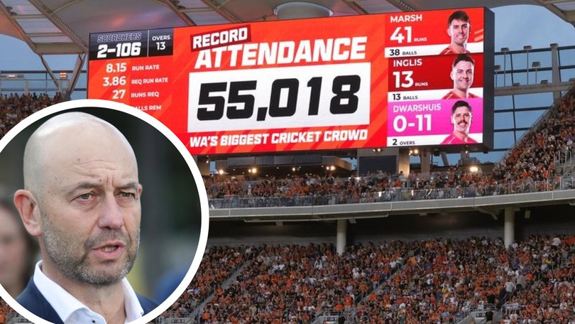Cricket Australia chief executive Todd Greenberg this week, and right, the Scorchers' record WA crowd from the BBL final earlier this year.