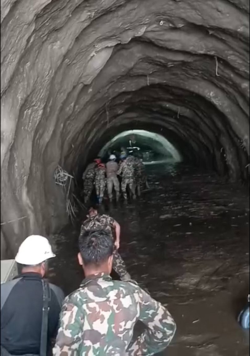 The Nepali Army undertakes search and rescue efforts in a hydro power tunnels.