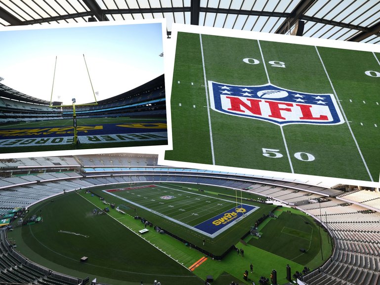 The hallowed turf of the MCG has been transformed into an American football field ahead of the historic NFL clash between the Los Angeles Rams and the San Francisco 49ers.