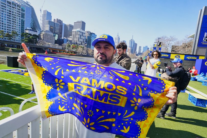 Rams supporters are seen during the LA Rams tailgate Experience in Melbourne, Thursday, September 10, 2026. (AAP Luis Ascui) NO ARCHIVING