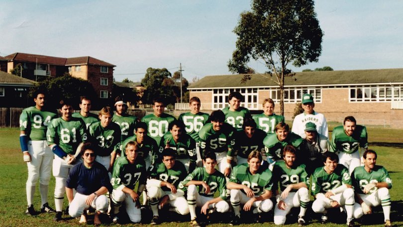 The Waverley Raiders in 1984, Australia’s first NFL team in Australia. Co-founders Daryl O’Brien in is the back row, second from left, Stephen Jones is in the middle row, 5th from left and Wessley McGrath in is the front row, third from right.