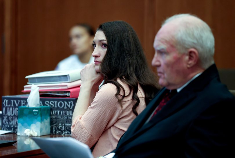 Plymouth, MA - August 18: Lindsay Clancy and defense attorney Kevin Reddington listen to testimony at Plymouth Superior Court on August 18, 2026. (Photo by Jonathan Wiggs/The Boston Globe via Getty Images)