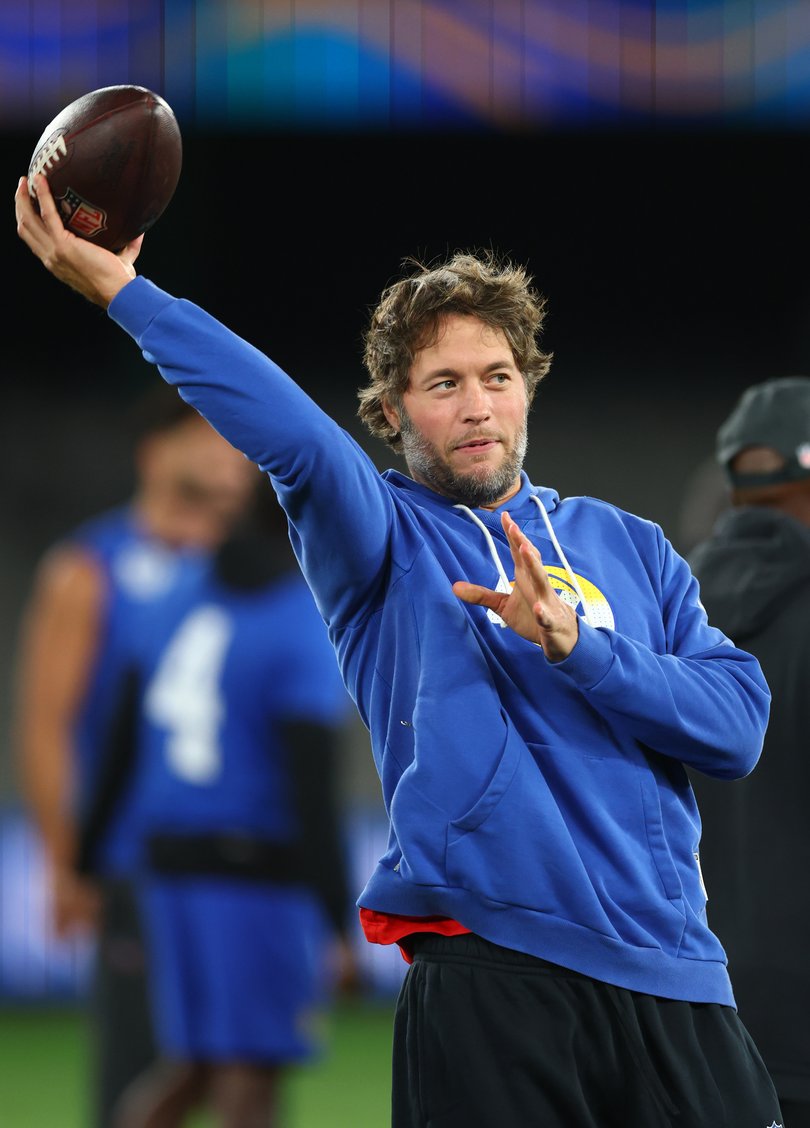 Matthew Stafford #9 of the Los Angeles Rams during a Los Angeles Rams NFL media availability.