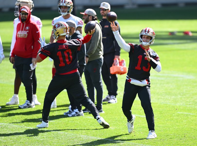 Brock Purdy #13 of the San Francisco 49ers throws the ball during a San Fransisco 49ers NFL media availability.